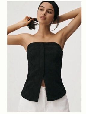 Sarah Hann Black Strapless Jacquard Peplum Bustier Top Size S